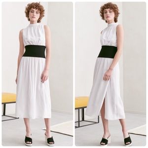 Lewit NWT Knit Inset Pinstripe Sleeveless Cinch Waist Mock Neck Midi Dress